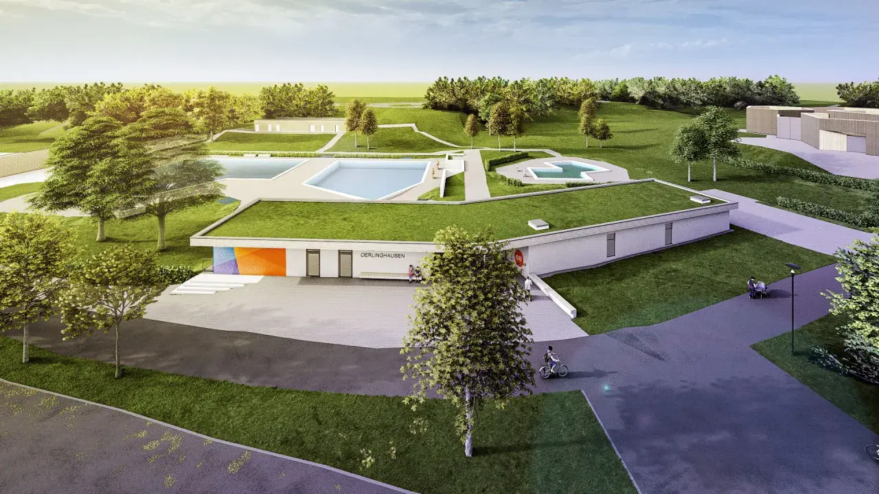 Moderne Architektur trifft auf Badespaß: Das freibad oerlinghausen mit begrünten Dächern und einladenden Pools.