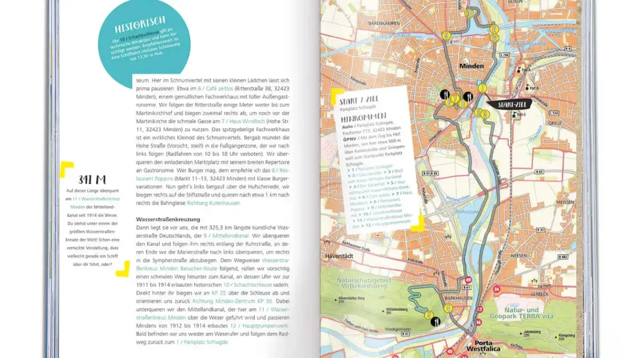 Radkarte von Minden, NRW, mit markierten Routen und Sehenswürdigkeiten wie dem Wasserstraßenkreuz.