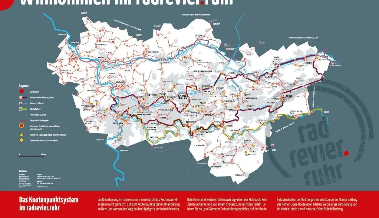 Karte des radrevier.ruhr mit Radwegen, Knotenpunkten und Highlights der Industriekultur.