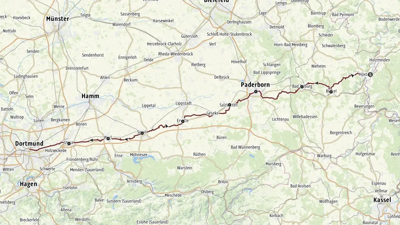 Die Karte zeigt eine Route von Dortmund über Paderborn nach Kassel, die ein Jakobspilger nehmen könnte.