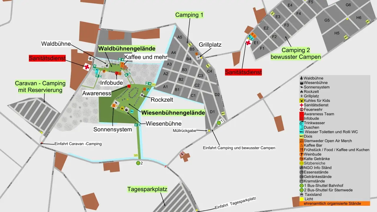 Plan des Stemweder Open Air mit Campingplätzen, Bühnen, Verpflegung und Services.