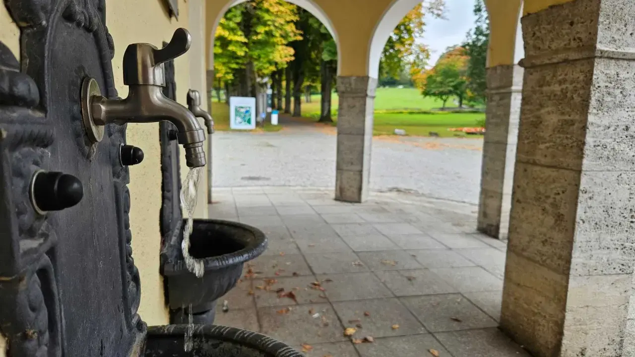 Erfrischendes Wasser fließt aus einem historischen Brunnen im Kurpark Bad Hermannsborn. Herbstlaub liegt auf dem gepflasterten Weg.