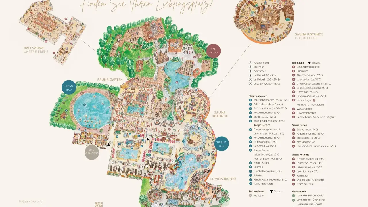 Entdecken Sie die Bali Therme mit ihren vielfältigen Saunen, Pools und Ruhebereichen. Hier finden Sie Ihren perfekten Ort zum Entspannen.