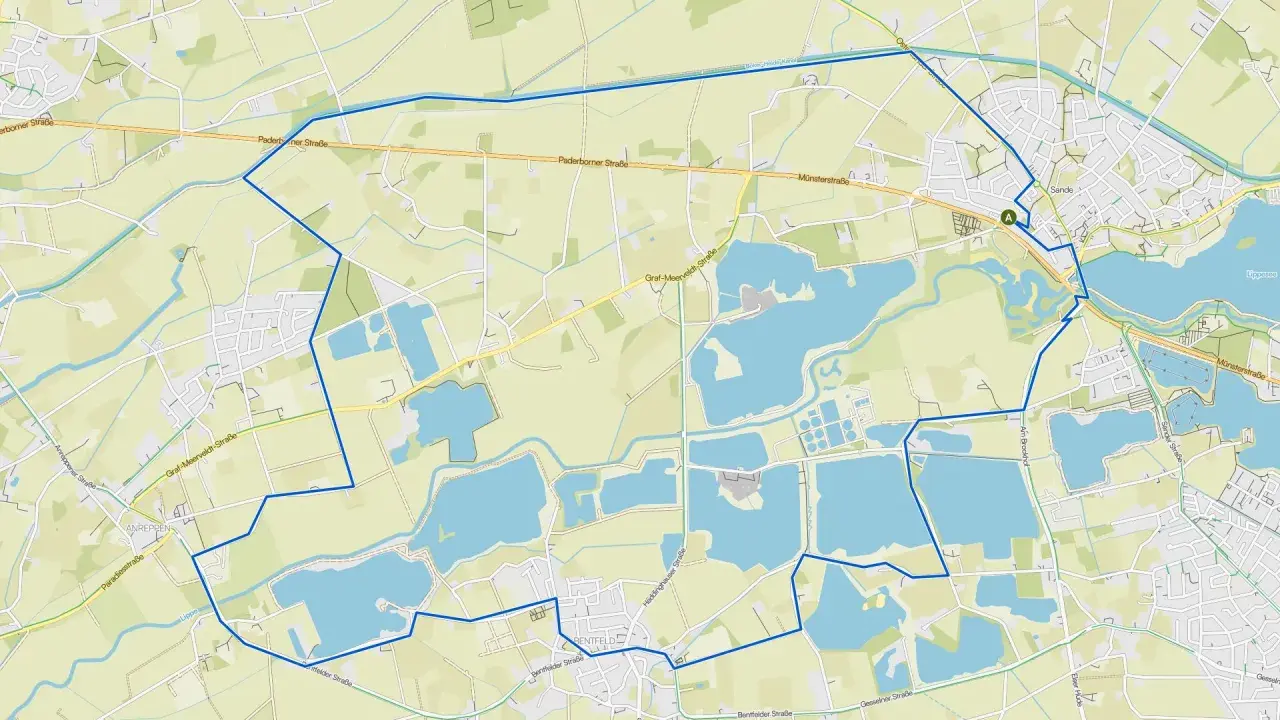 Karte des Lippesee Rundwegs mit vielen Wasserflächen, Straßen und Ortschaften wie Sande und Bentfeld.