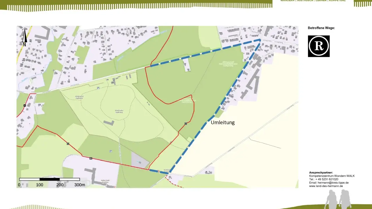 Umleitung wegen Forstarbeiten im Bereich des Residenzweges Detmold. Eine rote Linie markiert die Umleitung auf der Karte.