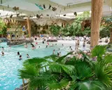Familien genießen das tropische Ambiente und das Wasser in der **Therme Sauerland**. Palmen und eine Strandbar schaffen Urlaubsfeeling.