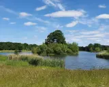 Idyllische Landschaft am Auesee Espelkamp mit blauem Himmel, Wolken und üppiger Vegetation.