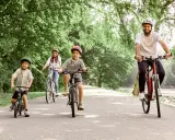 Familie genießt eine Fahrradtour mit Kindern in NRW. Vater, Mutter und zwei Jungen radeln auf einem asphaltierten Weg durch eine grüne Allee.