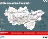 Karte des radrevier.ruhr mit Radwegen, Knotenpunkten und Highlights der Industriekultur.