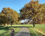 Fahrrad steht am Beginn einer asphaltierten Herford Route, gesäumt von Bäumen mit goldenem Herbstlaub.