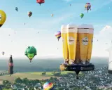 Bunte Ballons, darunter ein riesiges Bierglas von Warsteiner, steigen bei der Warsteiner Montgolfiade in den Himmel.