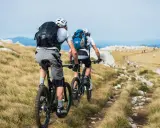 Zwei Radfahrer mit Rucksäcken auf einem Bergpfad. Perfekt für Radreisen und Sternfahrten in der Natur.