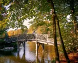 Herbstliche Brücke über den See im Bagno Steinfurt, eine Person lehnt am Geländer.