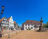 Blick über den Marktplatz der horn-bad meinberg altstadt mit Fachwerkhäusern, einem Denkmal und blauem Himmel.