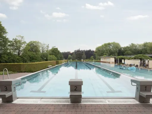 Leeres Freibad Barntrup mit Bahnen und Sprungblöcken. Ein blauer Wal schwimmt im Wasser.