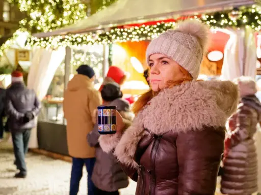 Frau mit Becher auf dem **Weihnachtsmarkt Nottuln**, umgeben von Lichtern und Menschen.