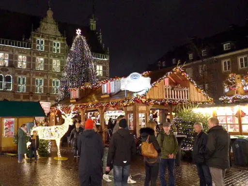 Menschen genießen den festlich beleuchteten weihnachtsmarkt bocholt mit einem großen Weihnachtsbaum und einem Rentier aus Lichtern.