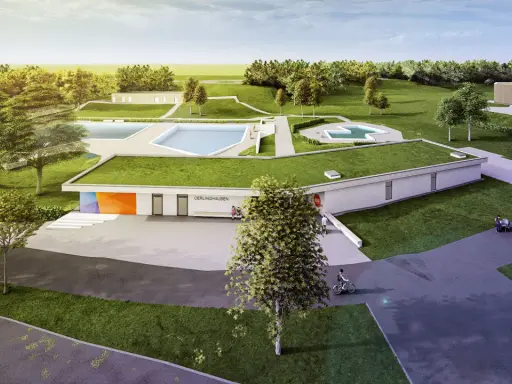 Moderne Architektur trifft auf Badespaß: Das freibad oerlinghausen mit begrünten Dächern und einladenden Pools.