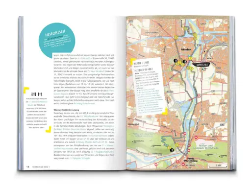 Radkarte von Minden, NRW, mit markierten Routen und Sehenswürdigkeiten wie dem Wasserstraßenkreuz.