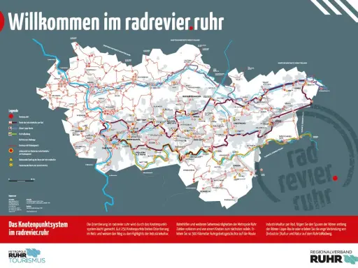 Karte des radrevier.ruhr mit Radwegen, Knotenpunkten und Highlights der Industriekultur.