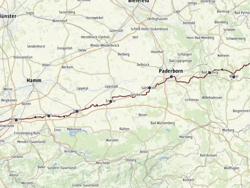 Die Karte zeigt eine Route von Dortmund über Paderborn nach Kassel, die ein Jakobspilger nehmen könnte.