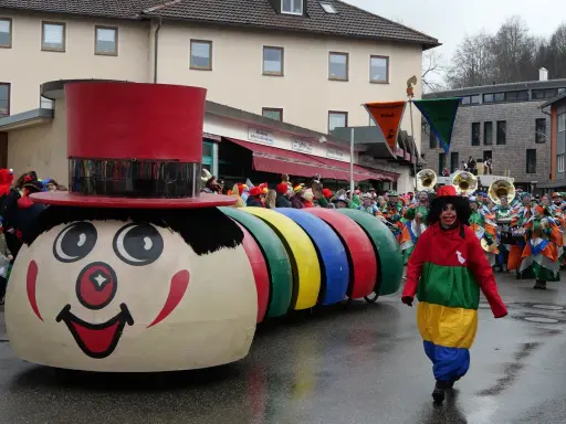 Bunter Karnevalsumzug mit einem riesigen Clown-Motivwagen und kostümierten Menschen. Die Karnevalstage sind voller Freude und bunter Kostüme.