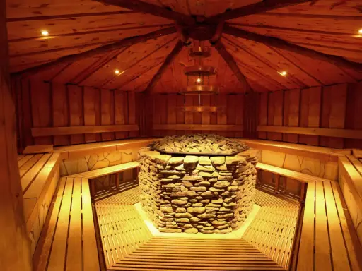Gemütliche Sauna mit Steinofen und Holzbänken in der Therme Herford. Entspannung pur in rustikalem Ambiente.