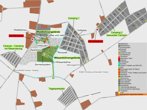Plan des Stemweder Open Air mit Campingplätzen, Bühnen, Verpflegung und Services.