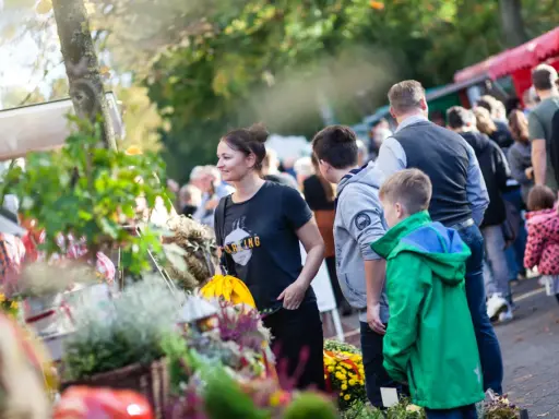 Menschen genießen bunte Veranstaltungen in OWL. Ein Markt mit Blumen und Ständen lockt Besucher an.