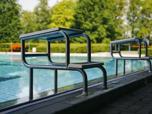 Startblöcke am Beckenrand im Freibad Elverdissen. Das Wasser glitzert, Bäume im Hintergrund.