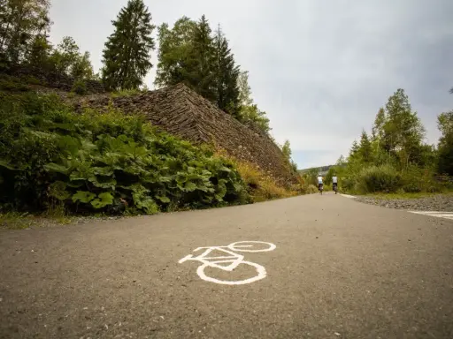 Radweg mit Radsymbol auf Asphalt. Zwei Radfahrer fahren auf einem asphaltierten Weg, der an einer steilen, mit Steinen bedeckten Böschung und üppiger Vegetation vorbeiführt.