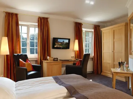 Gemütliches Zimmer mit Blick auf die Klosterpforte Harsewinkel. Einladende Sessel, Schreibtisch und ein großes Bett.