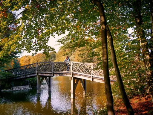 Herbstliche Brücke über den See im Bagno Steinfurt, eine Person lehnt am Geländer.