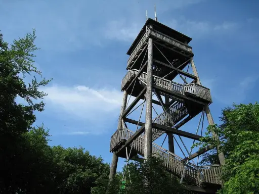 Holzturm mit vielen Stufen und Aussichtsplattformen, der Luisenturm in Borgholzhausen ragt in den blauen Himmel.
