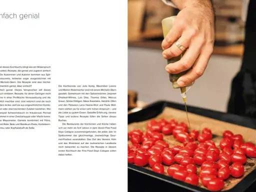 Ein Koch bereitet Tomaten für die Fine Food Days zu, indem er sie mit einer Sauce beträufelt.