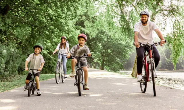 Familie genießt eine Fahrradtour mit Kindern in NRW. Vater, Mutter und zwei Jungen radeln auf einem asphaltierten Weg durch eine grüne Allee.
