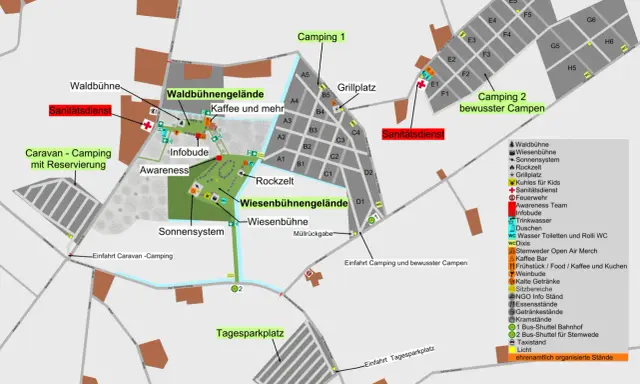 Plan des Stemweder Open Air mit Campingplätzen, Bühnen, Verpflegung und Services.