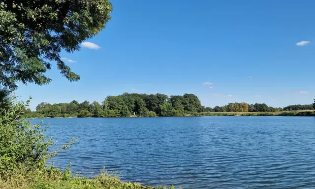 Blauer Himmel über dem ruhigen Linteler See, umgeben von üppigem Grün.