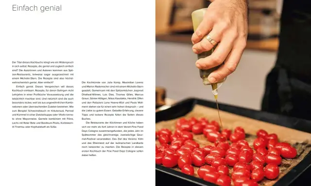 Ein Koch bereitet Tomaten für die Fine Food Days zu, indem er sie mit einer Sauce beträufelt.