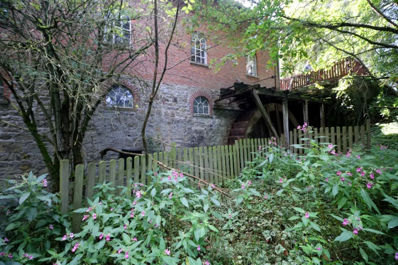 Altes Wasserrad an einem Backsteinhaus, umgeben von &uuml;ppiger Vegetation und einem Holzzaun. Ein versteckter Weg der Blicke durch das Dickicht.