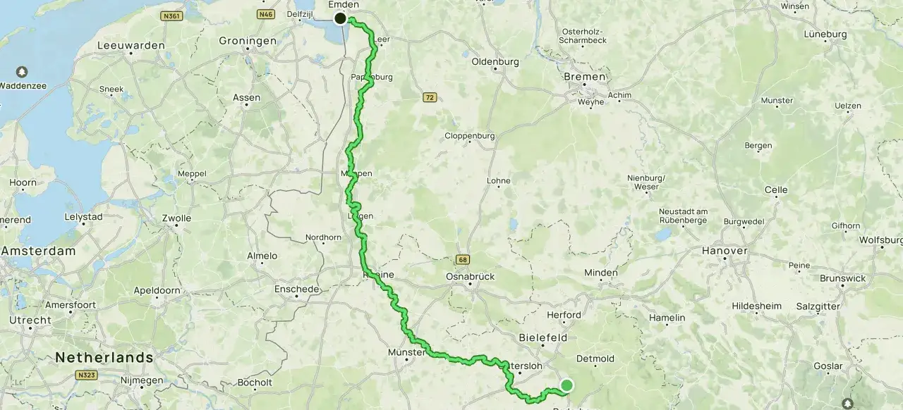 Der ems-radweg streckenverlauf f&uuml;hrt von Emden durch Niedersachsen, vorbei an Leer, Papenburg, Rheine und M&uuml;nster, bis nach Bielefeld.