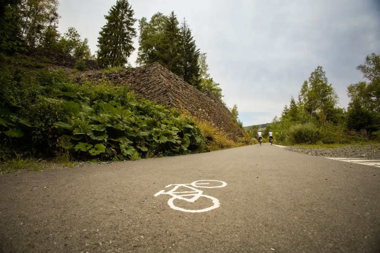 Ein wei&szlig;es Fahrradsymbol auf einem asphaltierten lenne Radweg. Zwei Radfahrer fahren in der Ferne auf dem Weg, der von &uuml;ppiger Vegetation und einer steilen, felsigen B&ouml;schung ges&auml;umt ist.
