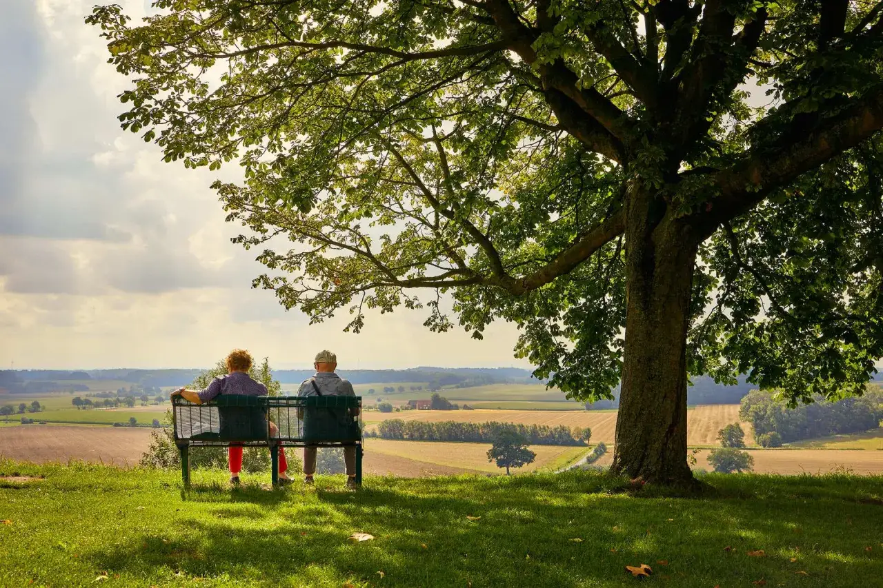 Ein Paar genie&szlig;t die Aussicht auf die Landschaft bei Stromberg, Oelde, unter einem gro&szlig;en Baum.