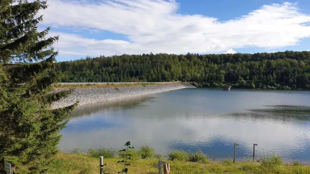 Der Aabachtalsperre Rundweg lädt zu einer Wanderung ein. Ein ruhiger See, bewaldete Hänge und eine beeindruckende Staumauer prägen die Landschaft.