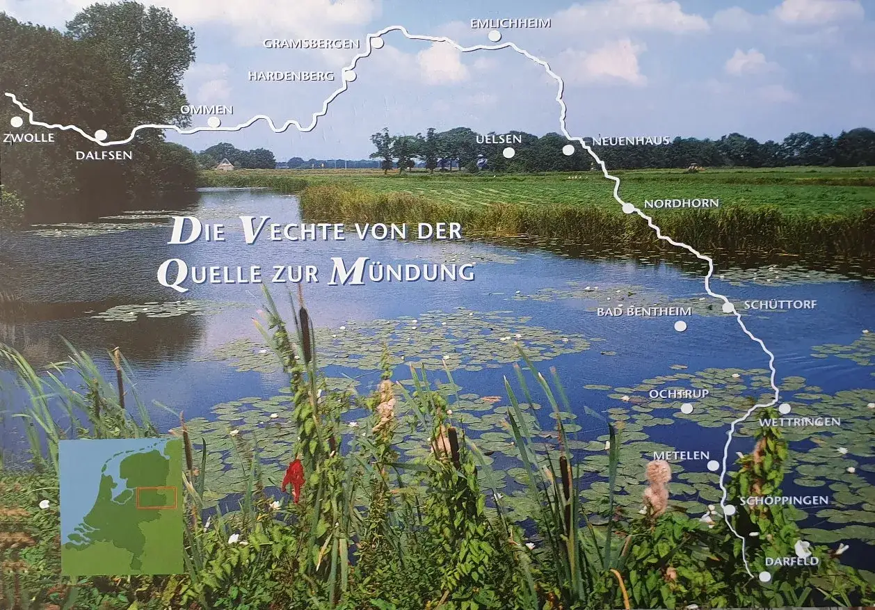 Karte des Vechte-Radwegs von der Quelle zur M&uuml;ndung, mit Orten wie Zwolle, Nordhorn und Darfeld.