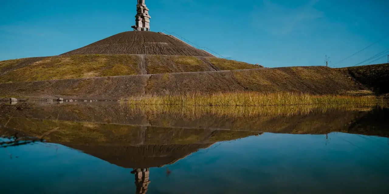 Spiegelung einer Halde im Ruhrgebiet mit einer Steinskulptur auf dem Gipfel und Schilf am Ufer.