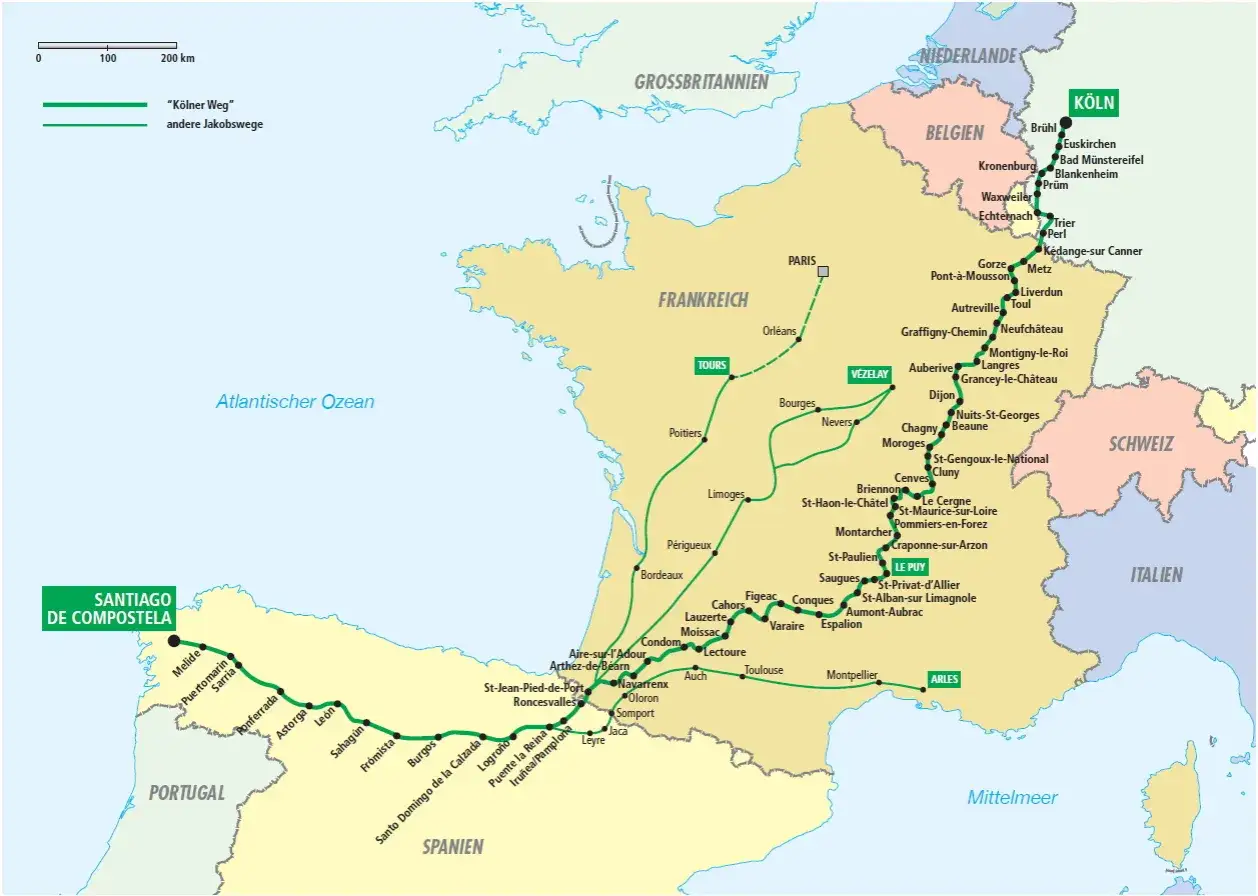 Karte der Jakobswege von K&ouml;ln nach Santiago de Compostela. Der 