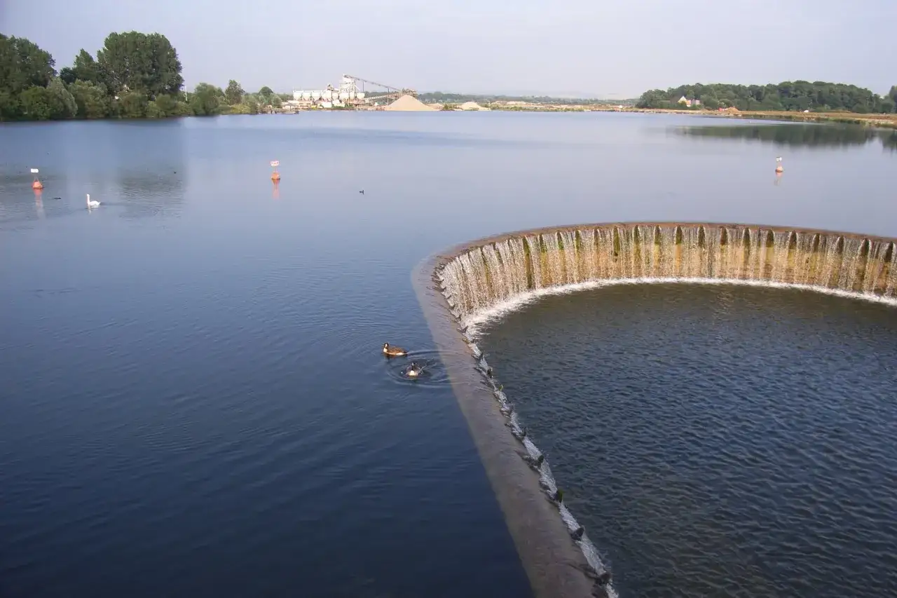 Weite Wasserfläche mit einem Schwan und Enten, im Hintergrund eine Industrieanlage und Bäume. Die Fischteiche Paderborn sind ein ruhiger Ort.