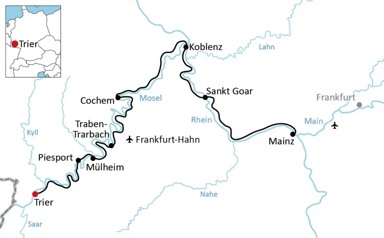 Karte zeigt die Etappen des Rheinradwegs von Trier über Koblenz und Mainz bis Frankfurt.
