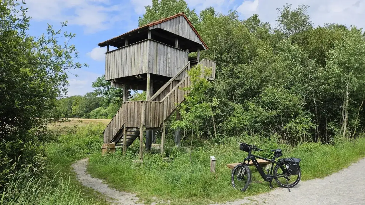 Holzturm im Emsdettener Venn, bereit für eine Aussichtstour. Ein Fahrrad wartet daneben.